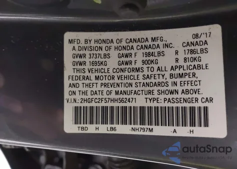 2017 Honda Civic Lx z USA, uszkodzony, nr VIN 2HGFC2F57HH562471